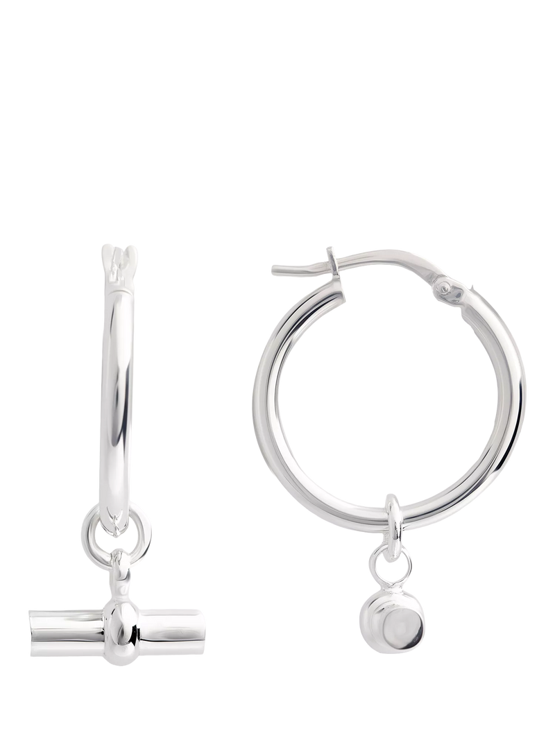 LARNAUTI silver hoop earrings with T-bar charm, UK version