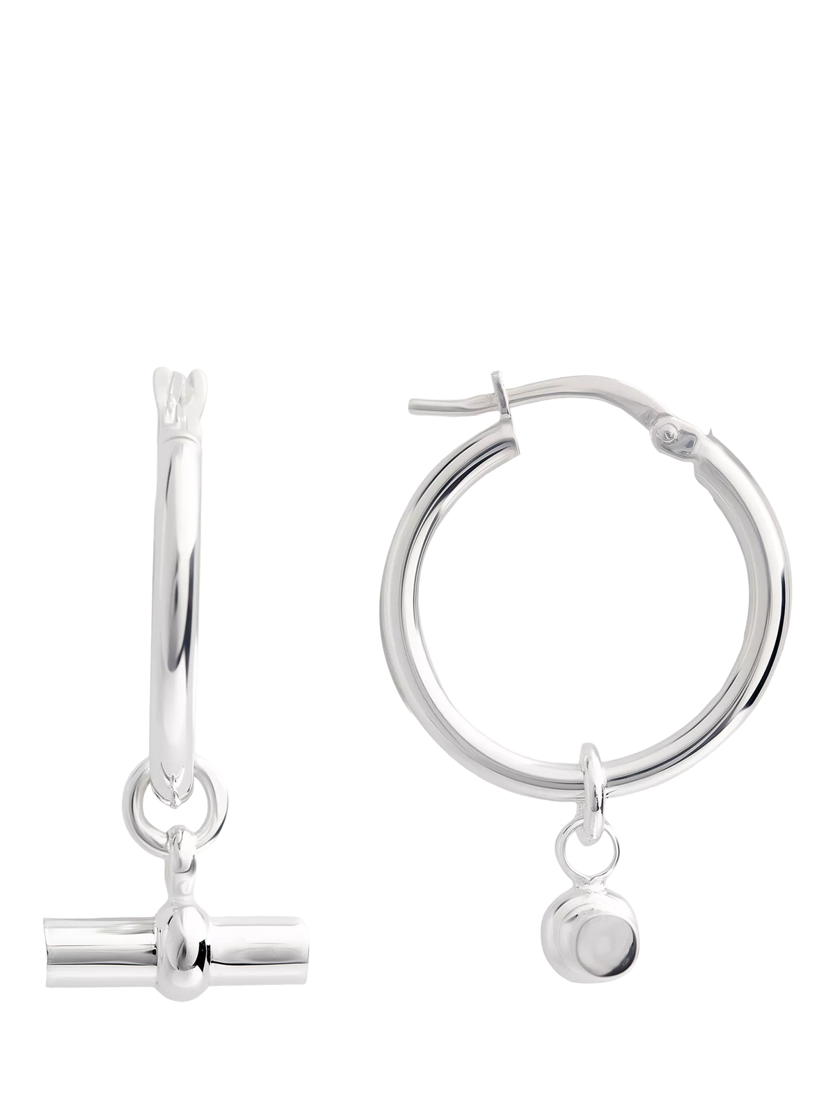 LARNAUTI silver hoop earrings with T-bar charm, UK version