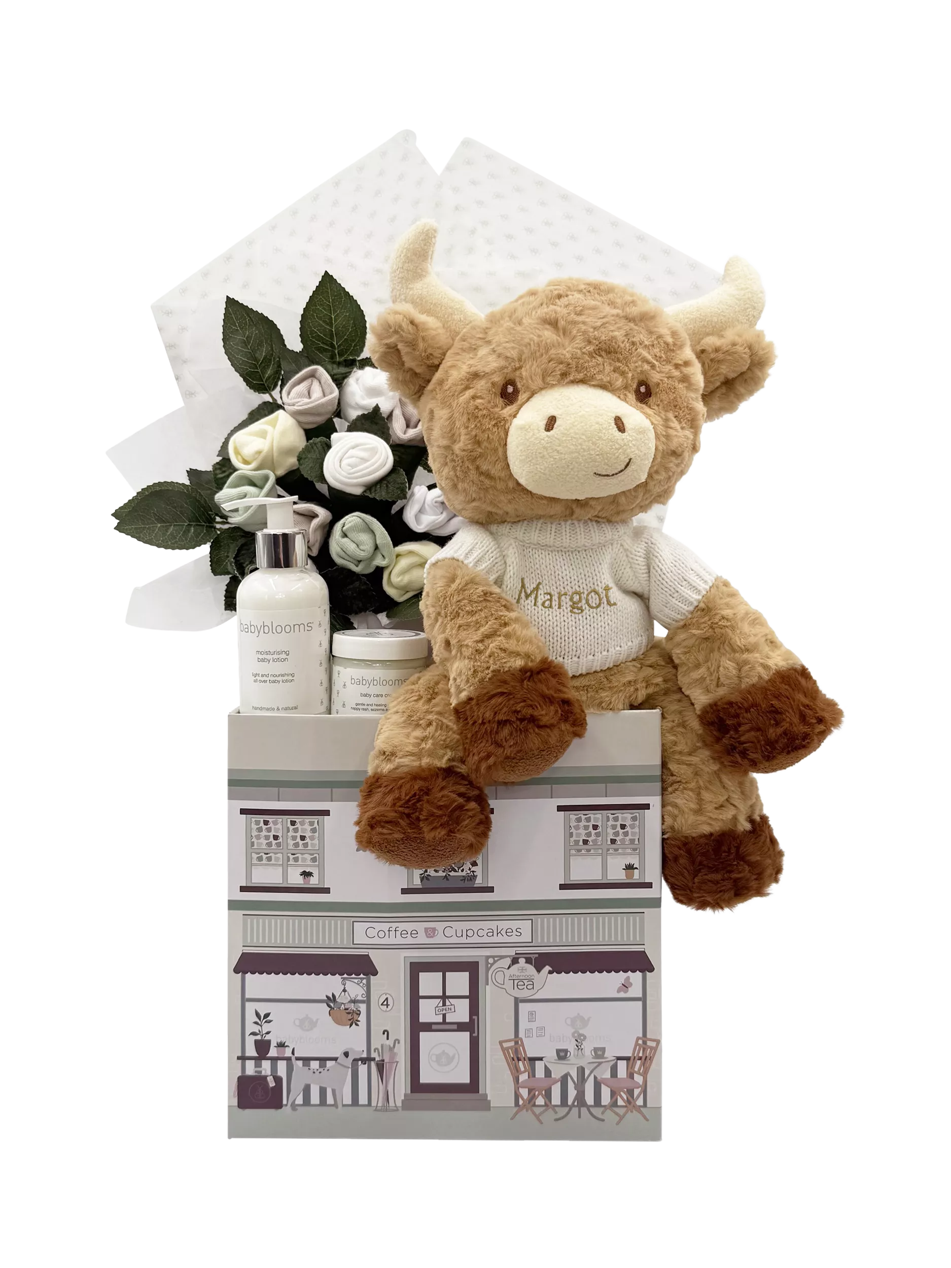 Babyblooms personalised Highland Cow welcome baby hamper, UK version