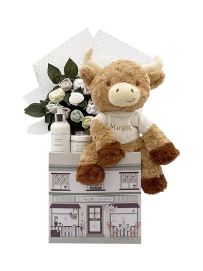John Lewis Babyblooms Personalised Harriet Highland Cow Welcome Baby Hamper, White- Buy online at McGrocer
