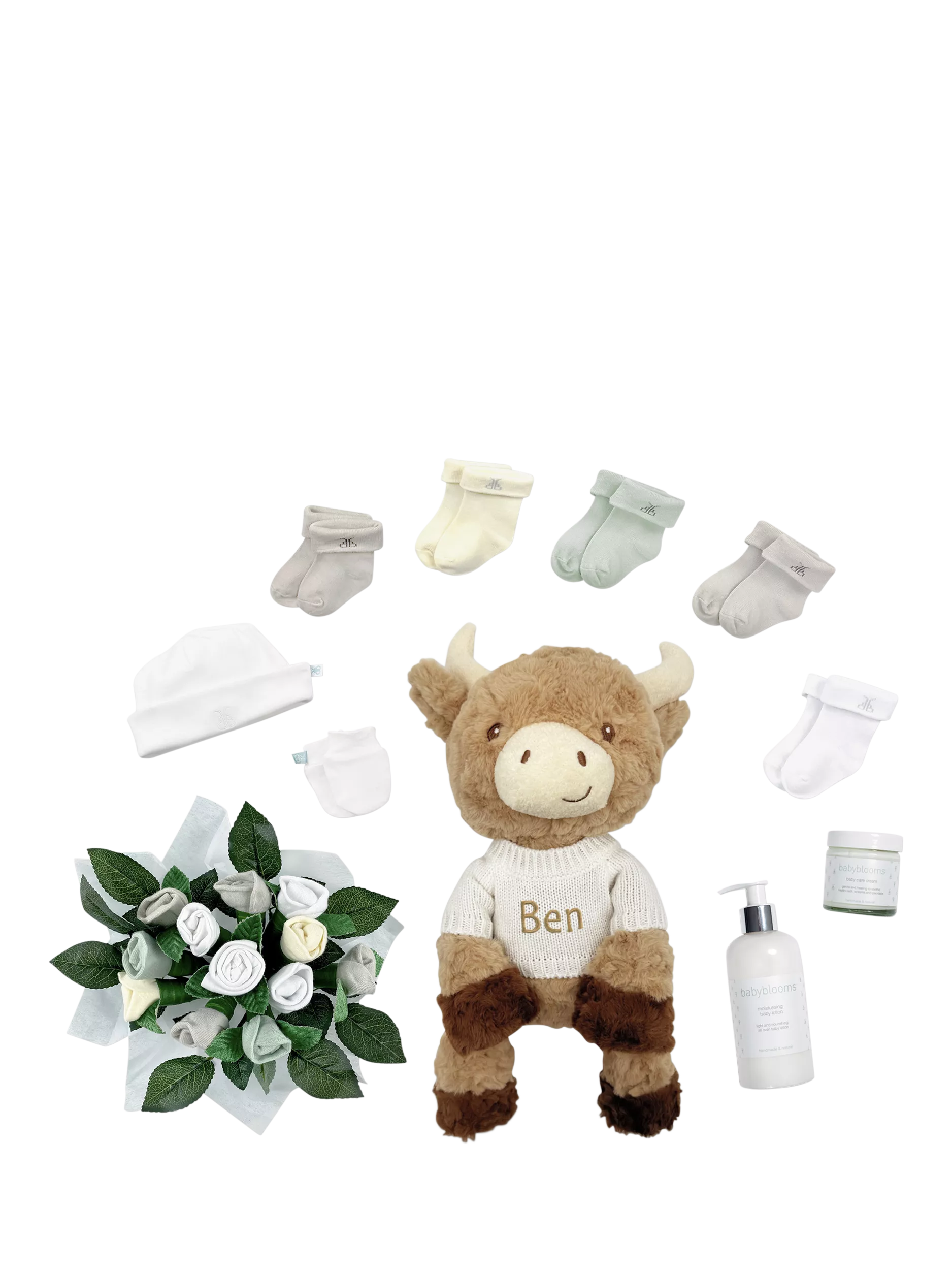 Babyblooms personalised Highland Cow welcome baby hamper, UK version