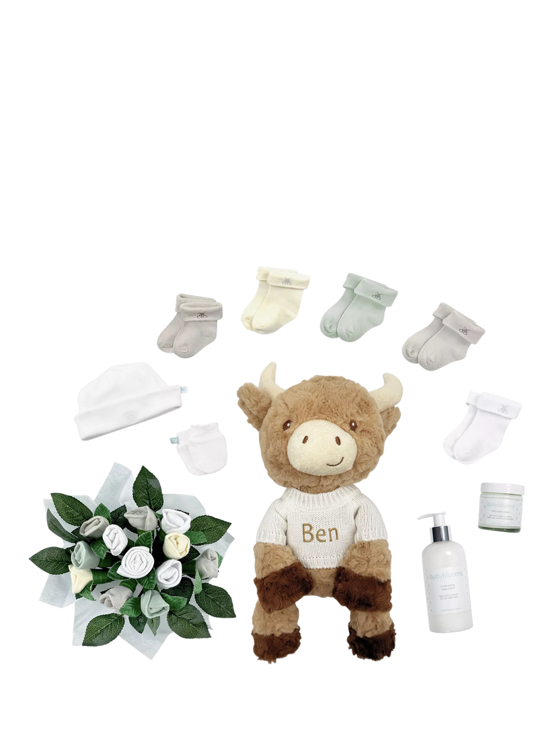 Babyblooms personalised Highland Cow welcome baby hamper, UK version