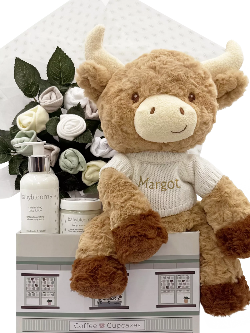 Babyblooms personalised Highland Cow welcome baby hamper, UK version