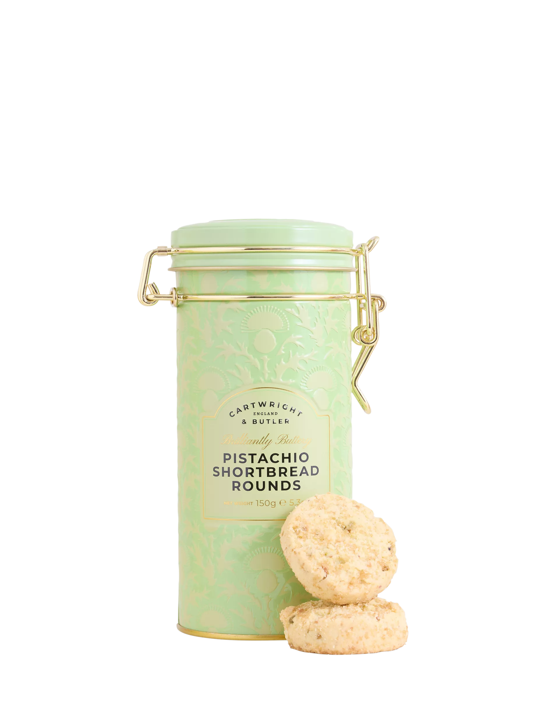 Cartwright & Butler pistachio shortbread rounds tin 150g (British brand)