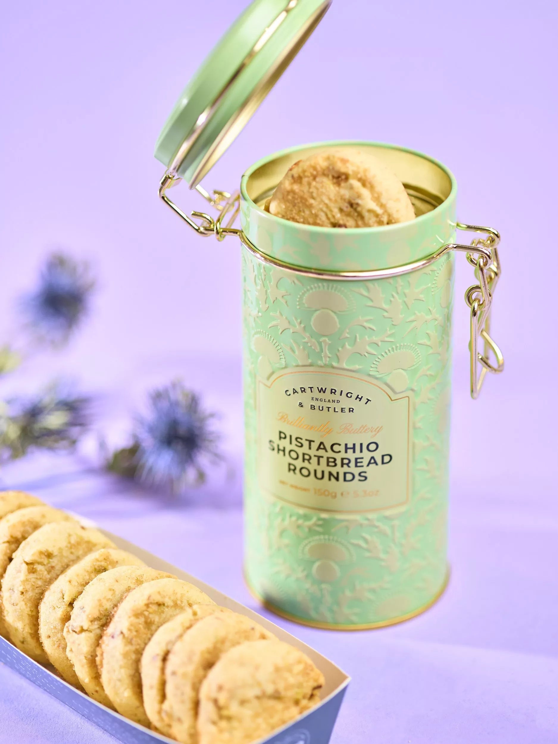 Cartwright & Butler pistachio shortbread rounds tin 150g (British brand)