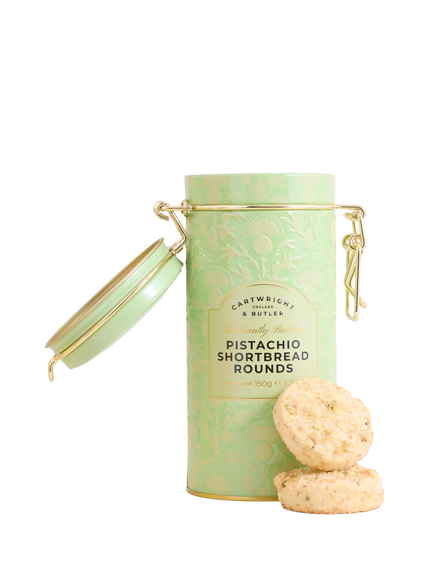 Cartwright & Butler pistachio shortbread rounds tin 150g (British brand)