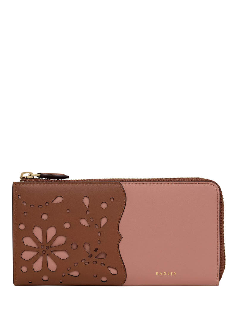 Radley leather floral cut-out purse Carnation Cognac, imported from the UK