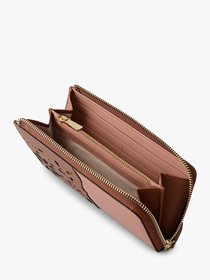 Radley leather floral cut-out purse Carnation Cognac, imported from the UK