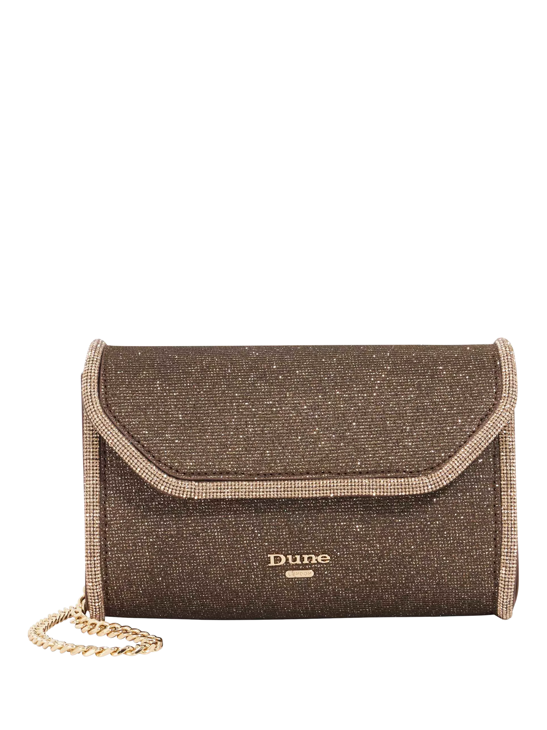 Dune London metallic fabric diamanté clutch bag bronze, UK version