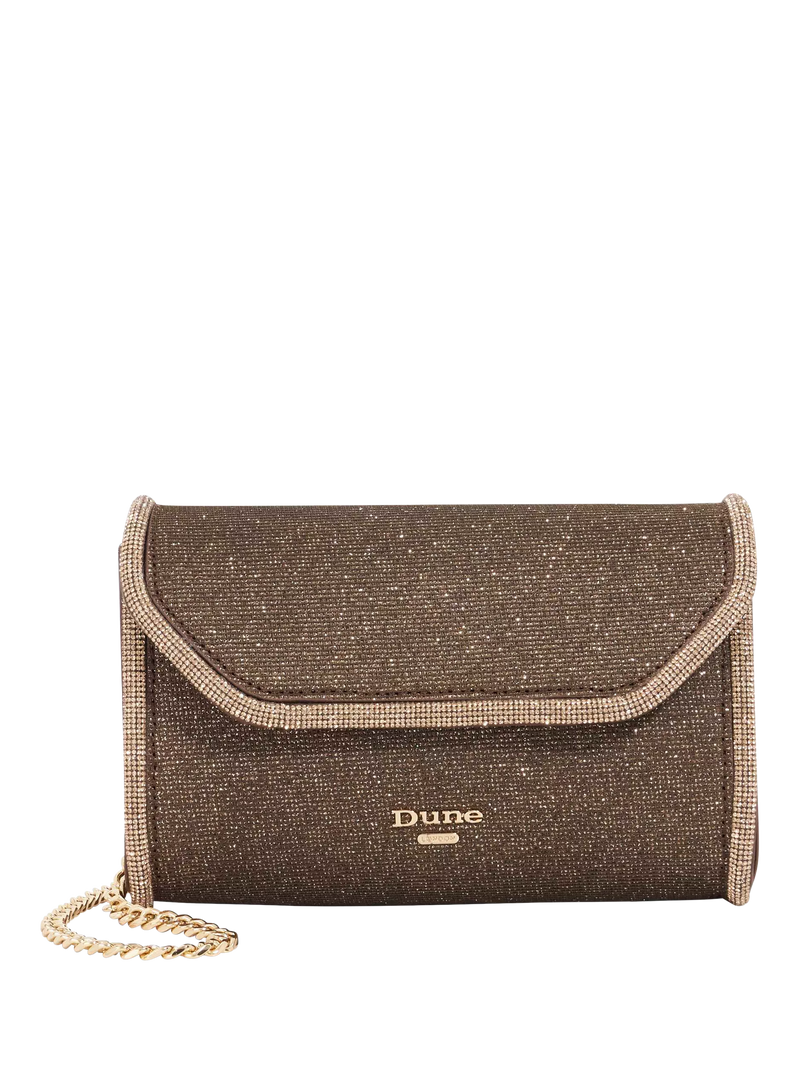 Dune London metallic fabric diamanté clutch bag bronze, UK version