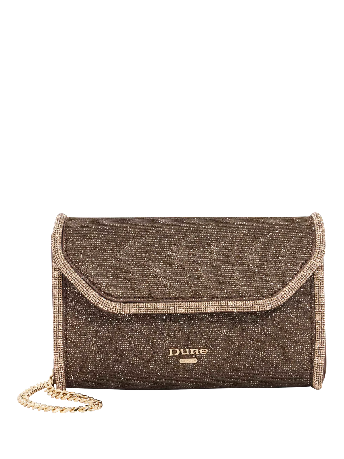 Dune London metallic fabric diamanté clutch bag bronze, UK version