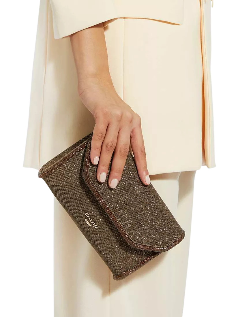 Dune London metallic fabric diamanté clutch bag bronze, UK version
