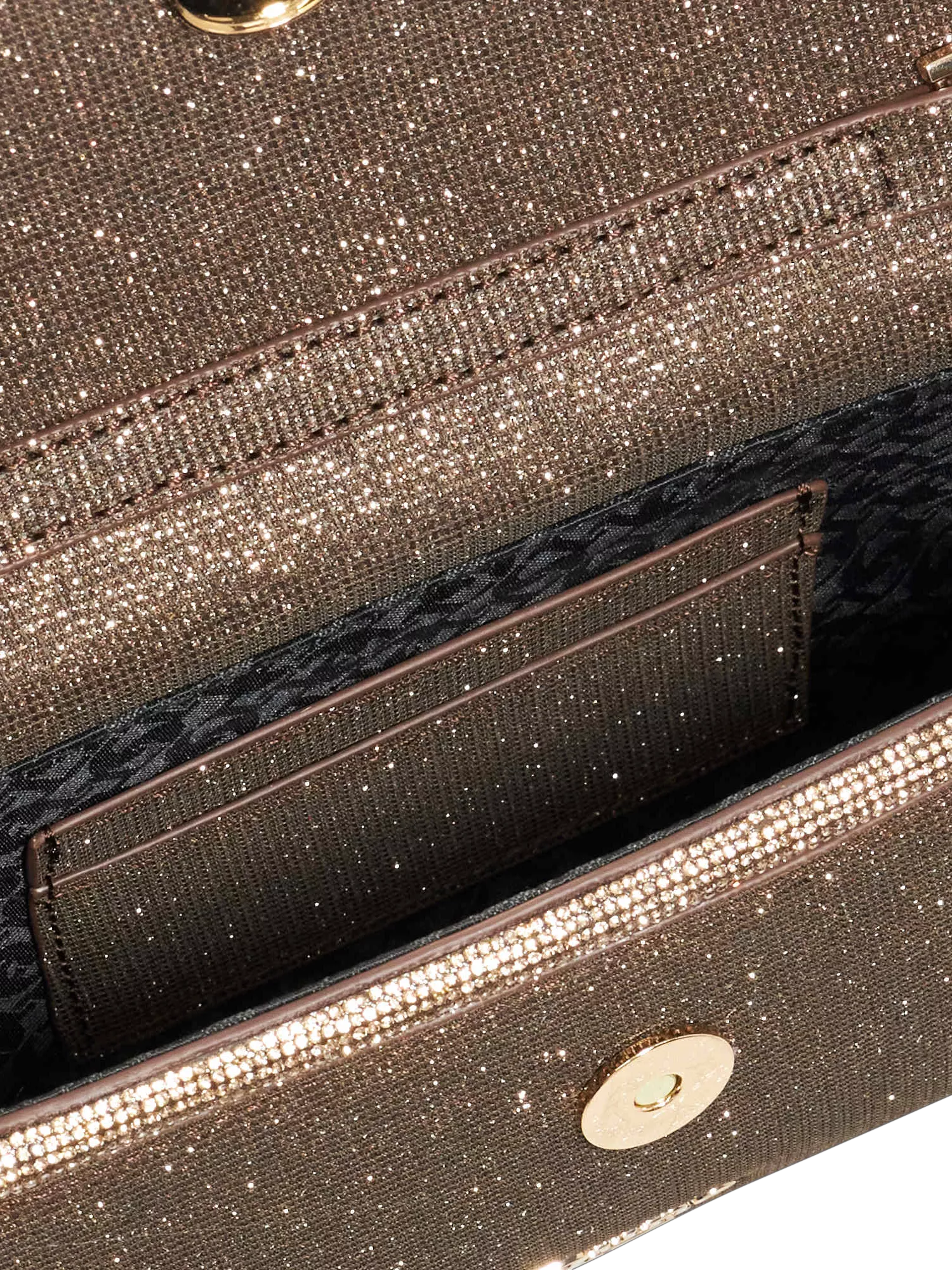 Dune London metallic fabric diamanté clutch bag bronze, UK version