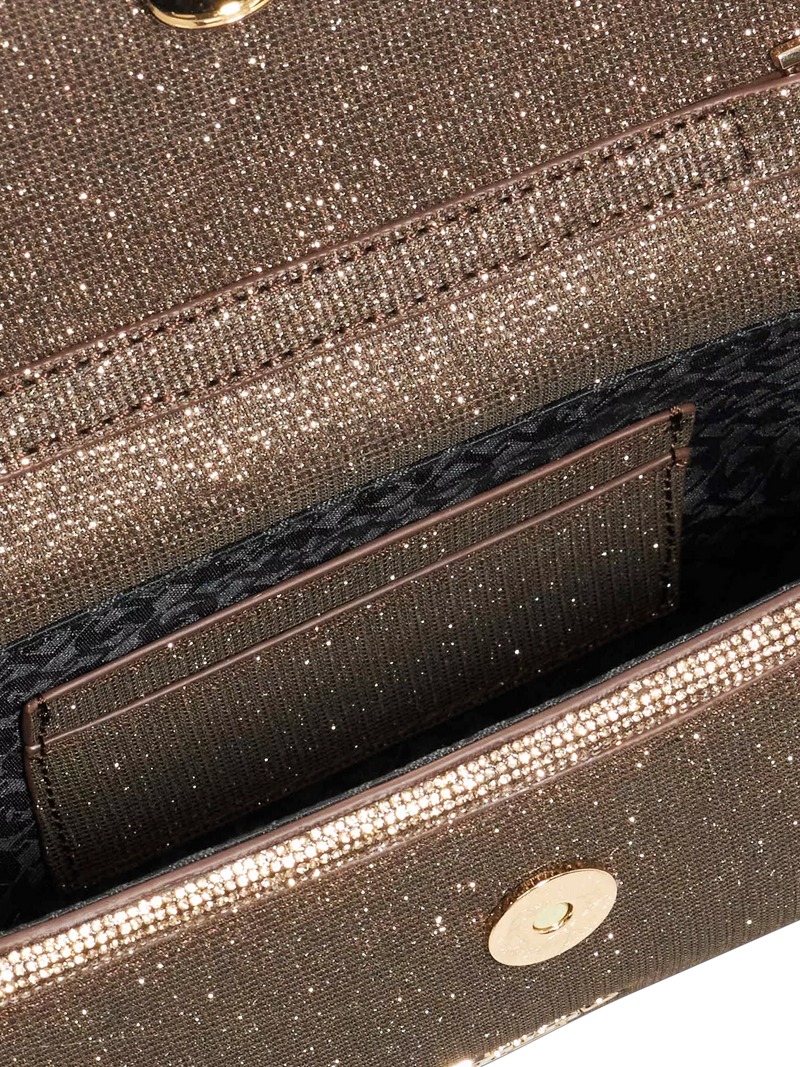 Dune London metallic fabric diamanté clutch bag bronze, UK version