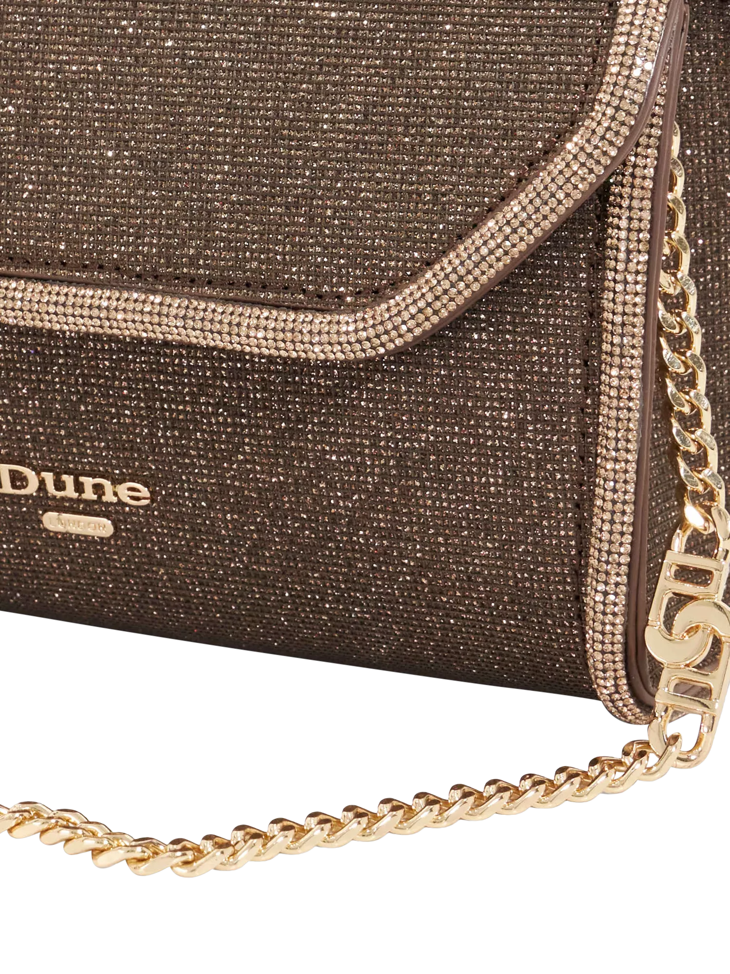 Dune London metallic fabric diamanté clutch bag bronze, UK version