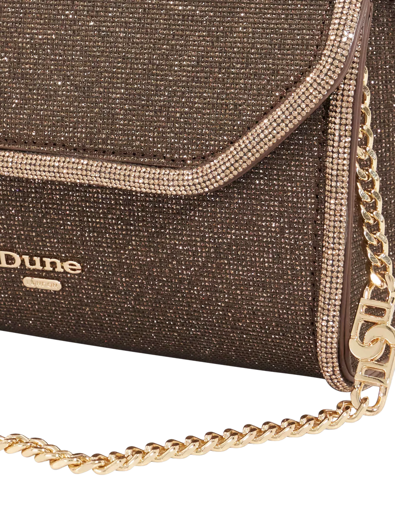 Dune London metallic fabric diamanté clutch bag bronze, UK version