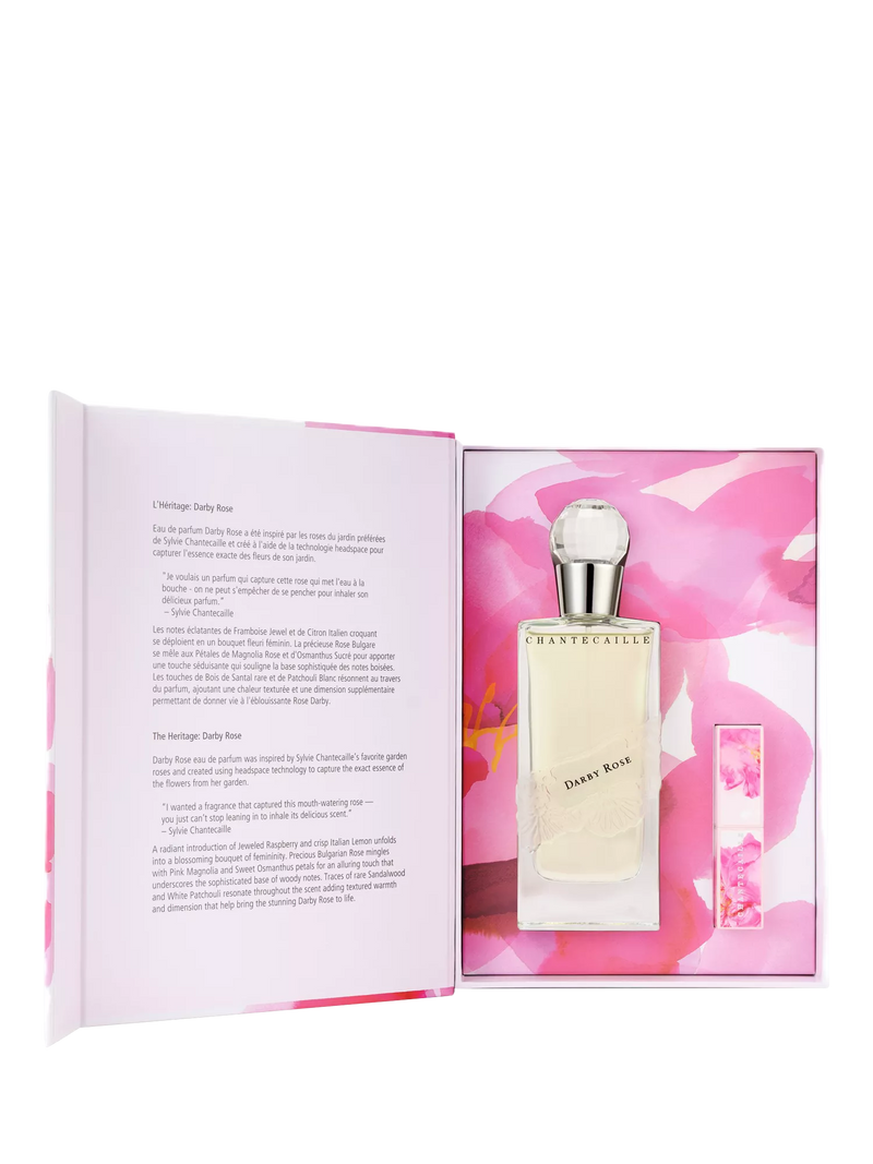 Chantecaille Rose Harvest Duo fragrance gift set with Darby Rose EDP and lip balm, imported from the UK