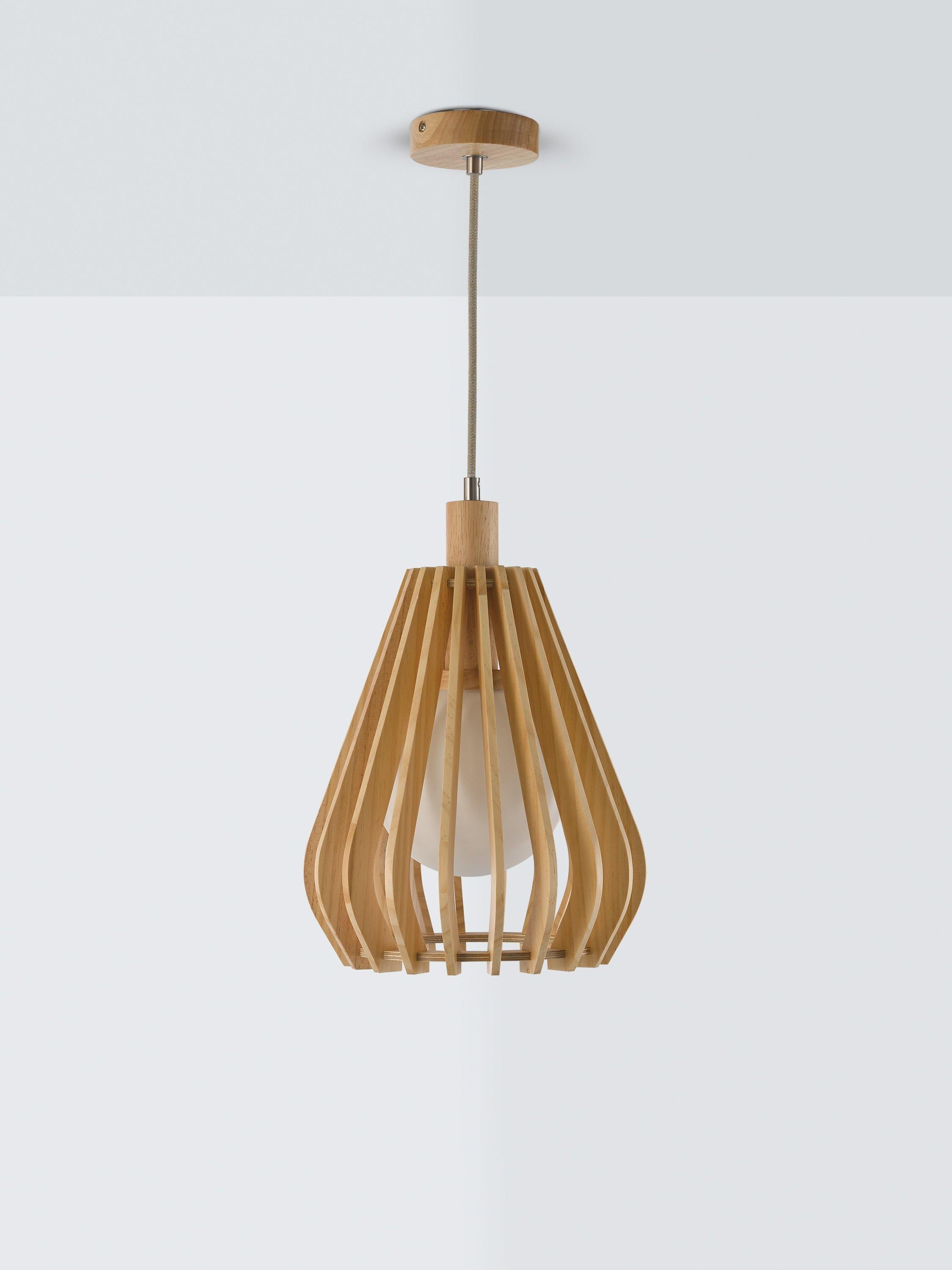 John Lewis Finn pendant light with wood slats, imported from the UK
