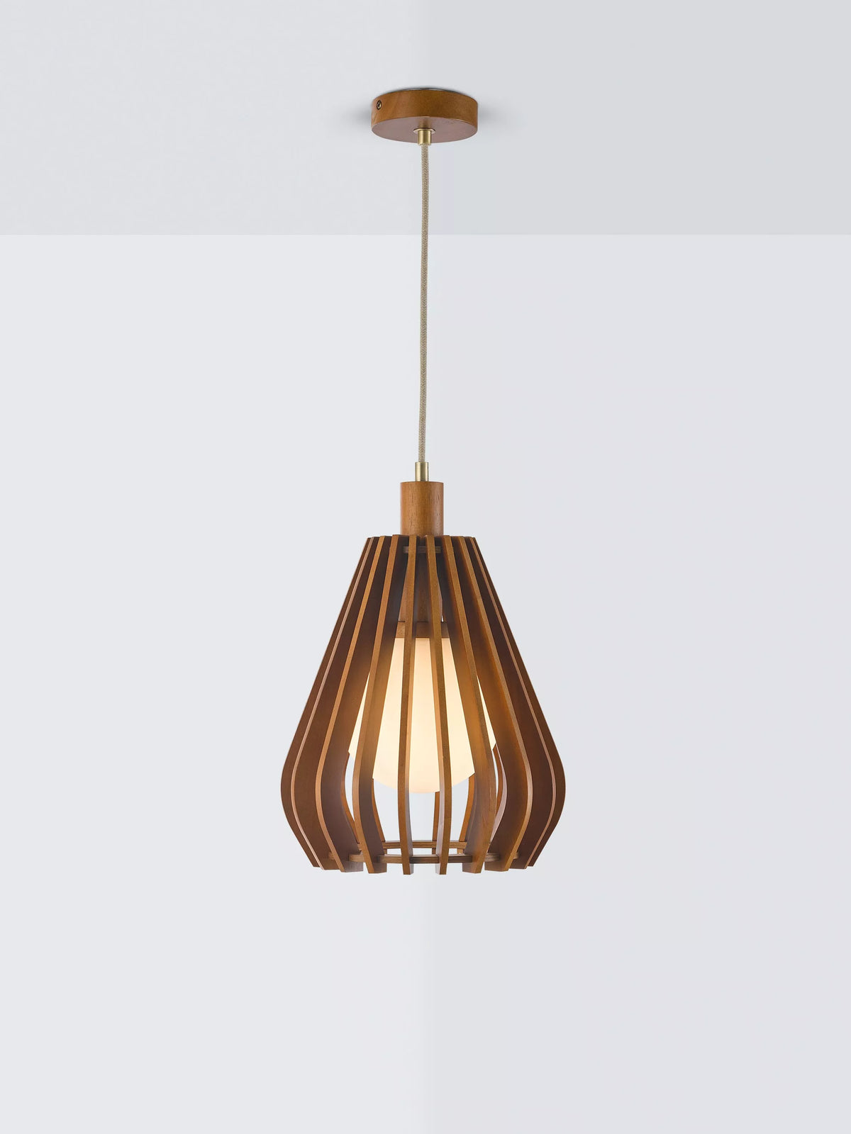 John Lewis Finn pendant light with wood slats, imported from the UK
