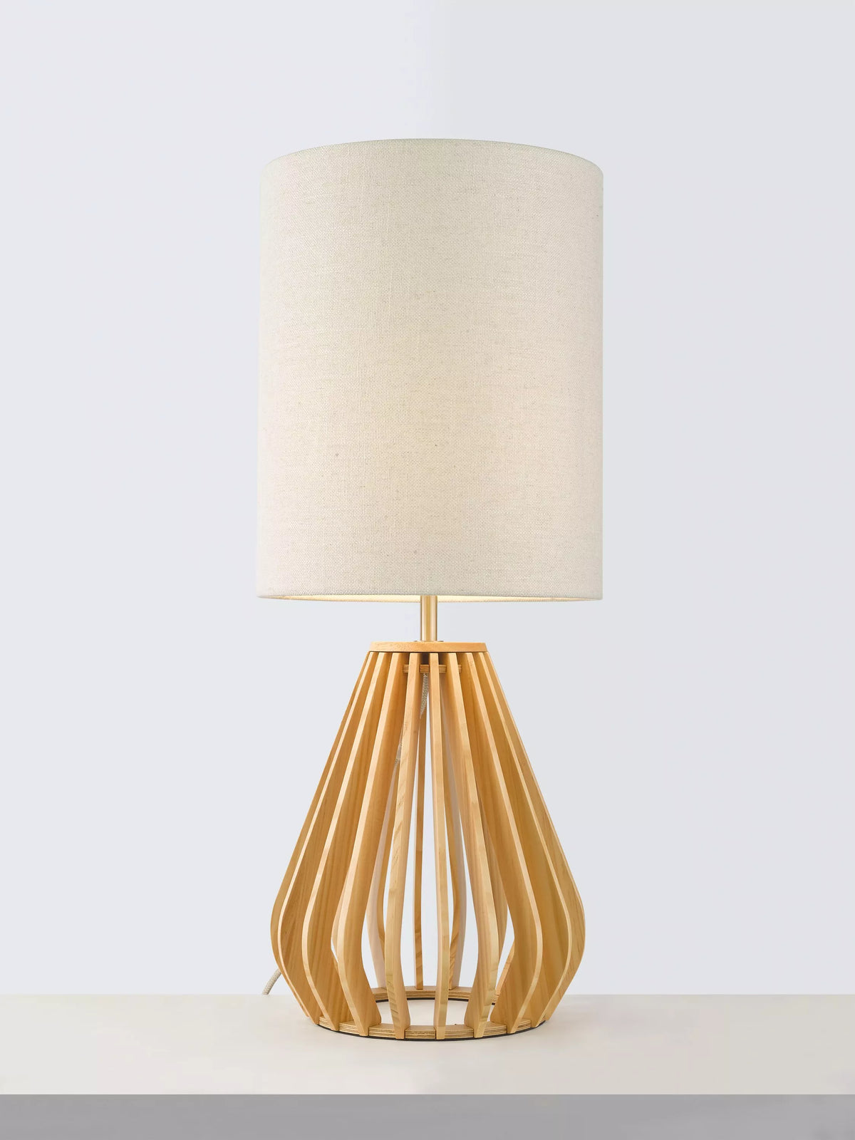 John Lewis Finn table lamp with wooden base and linen shade, UK version