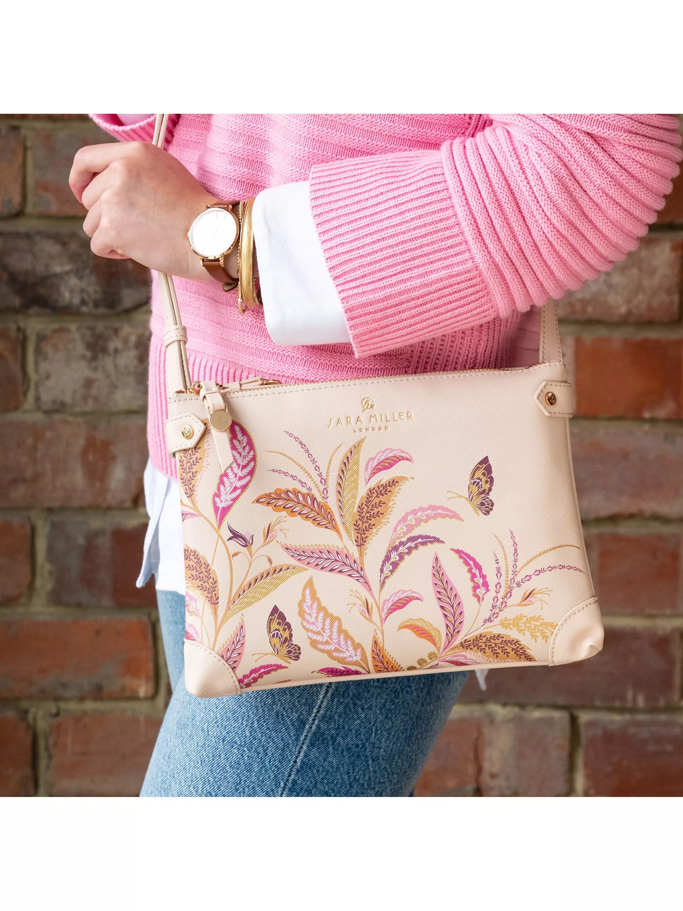 Sara Miller Fern Garden crossbody bag pink multi, imported from the UK