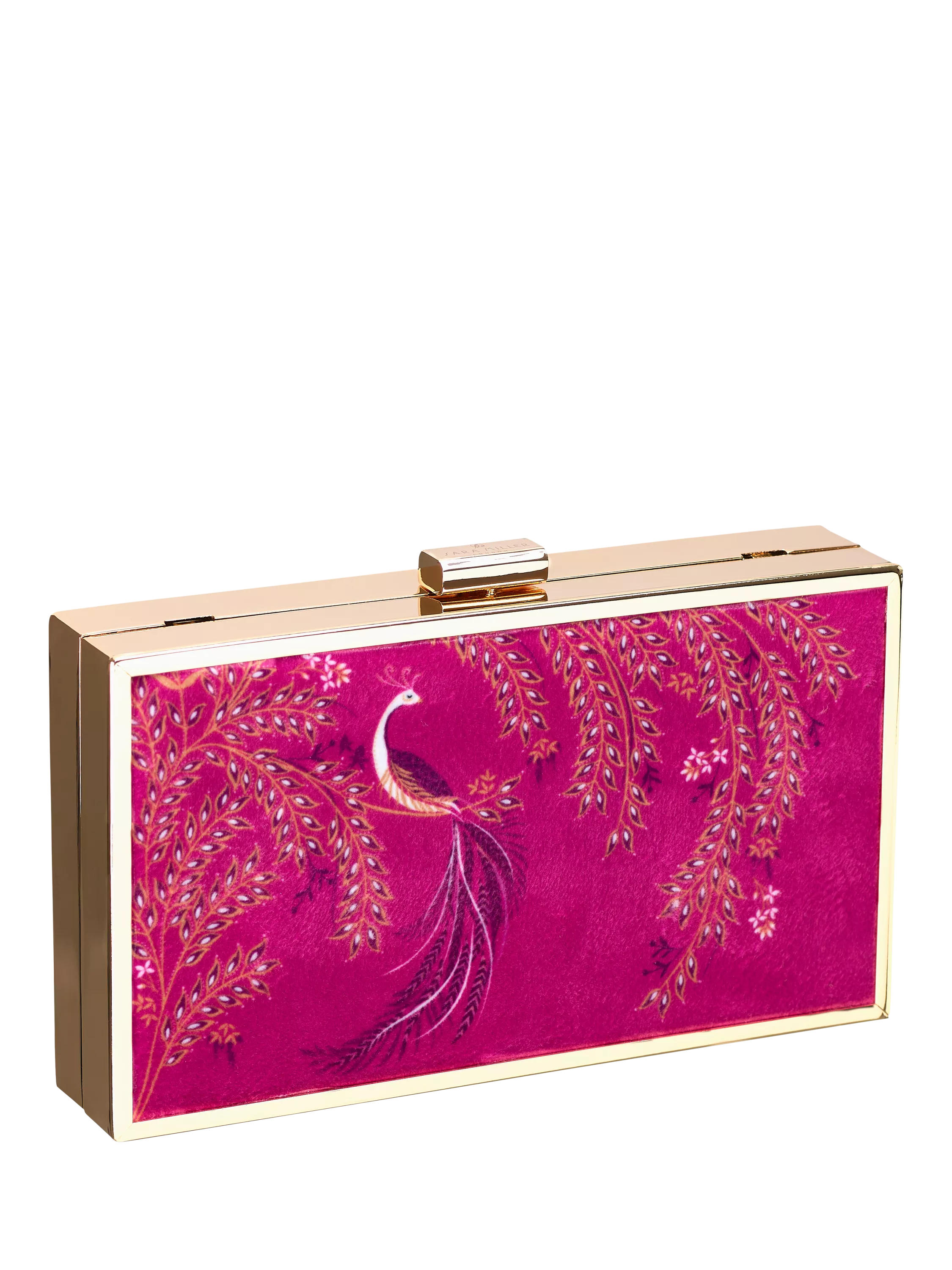 Sara Miller elegant bird velvet clutch bag with gold frame (British brand)