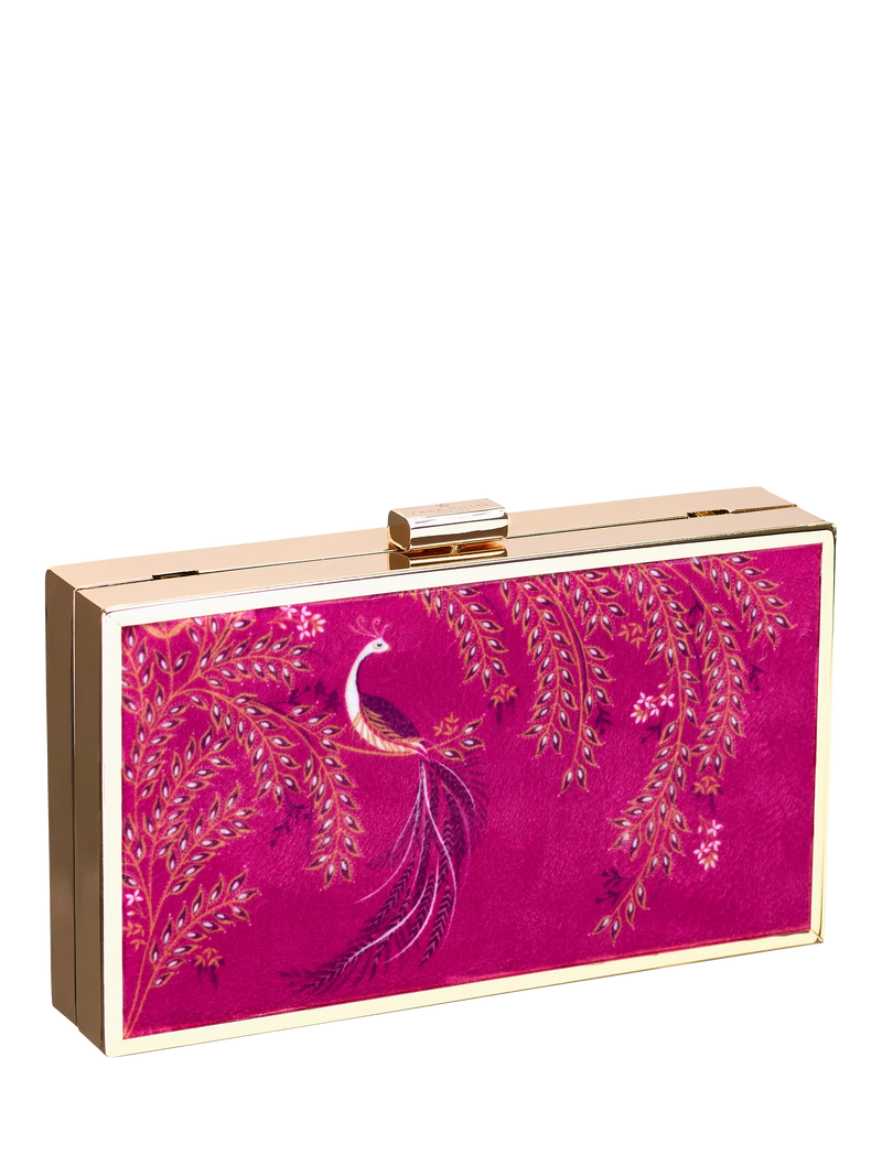 Sara Miller elegant bird velvet clutch bag with gold frame (British brand)