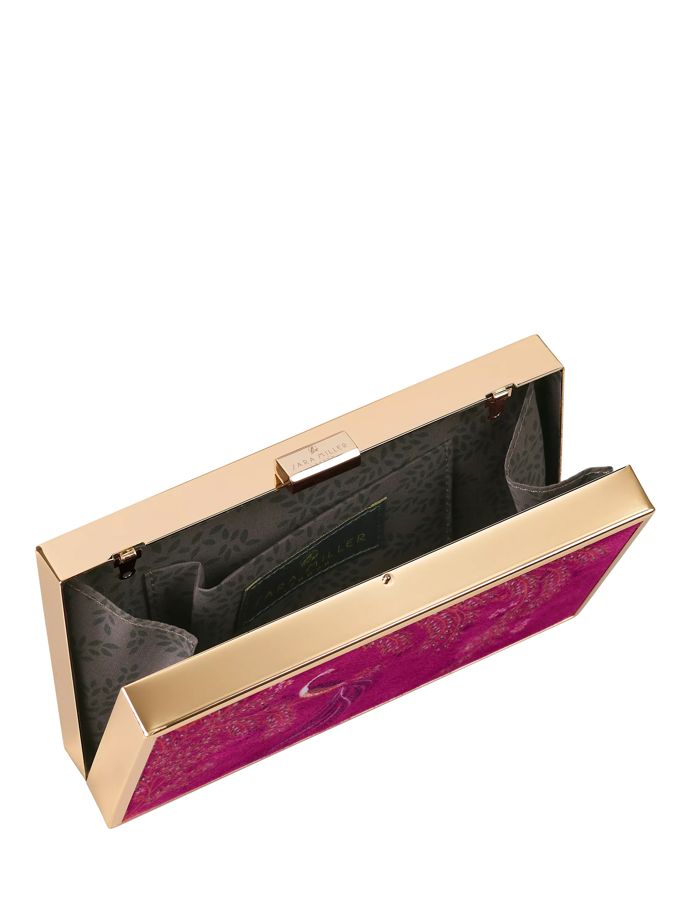 Sara Miller elegant bird velvet clutch bag with gold frame (British brand)