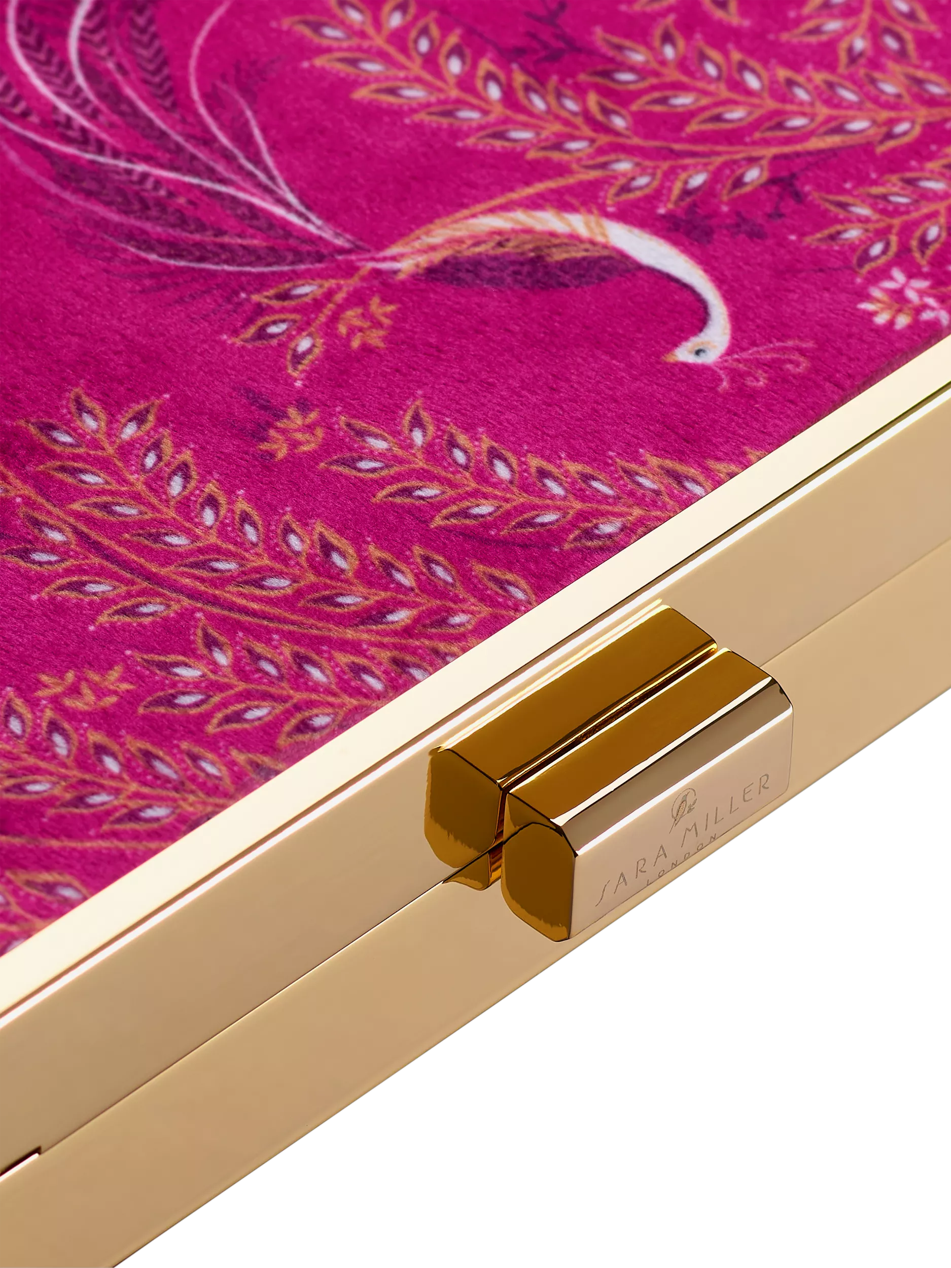 Sara Miller elegant bird velvet clutch bag with gold frame (British brand)