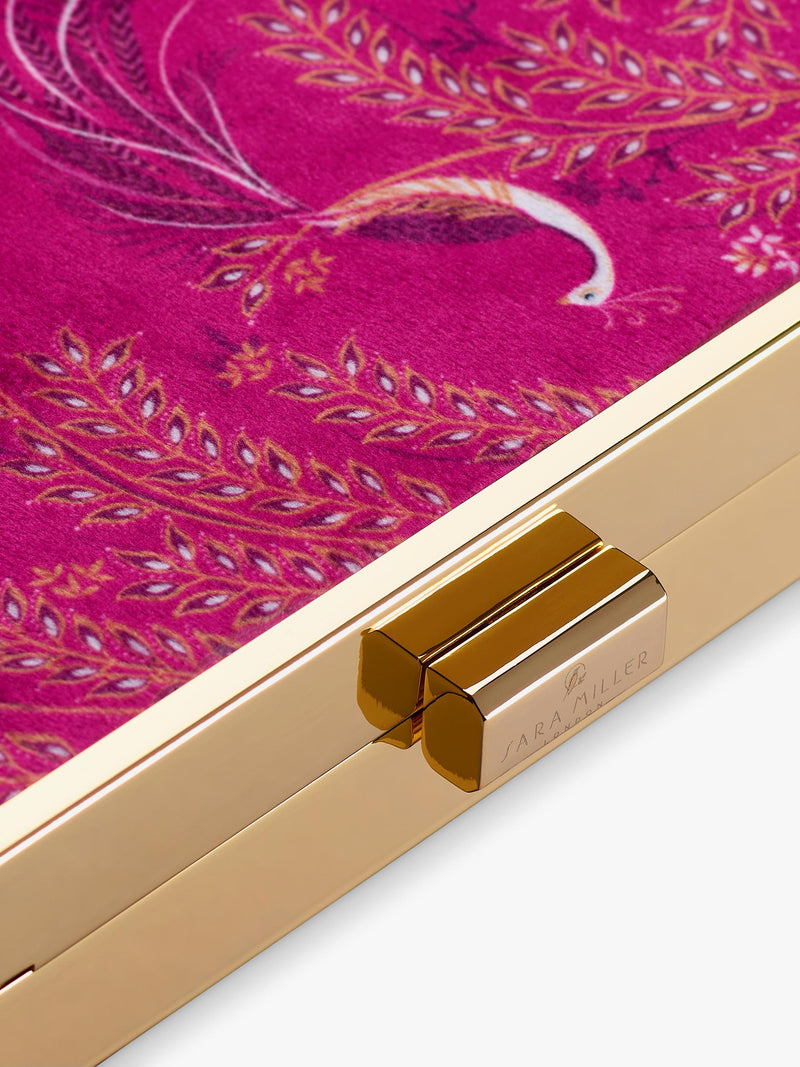 Sara Miller elegant bird velvet clutch bag with gold frame (British brand)