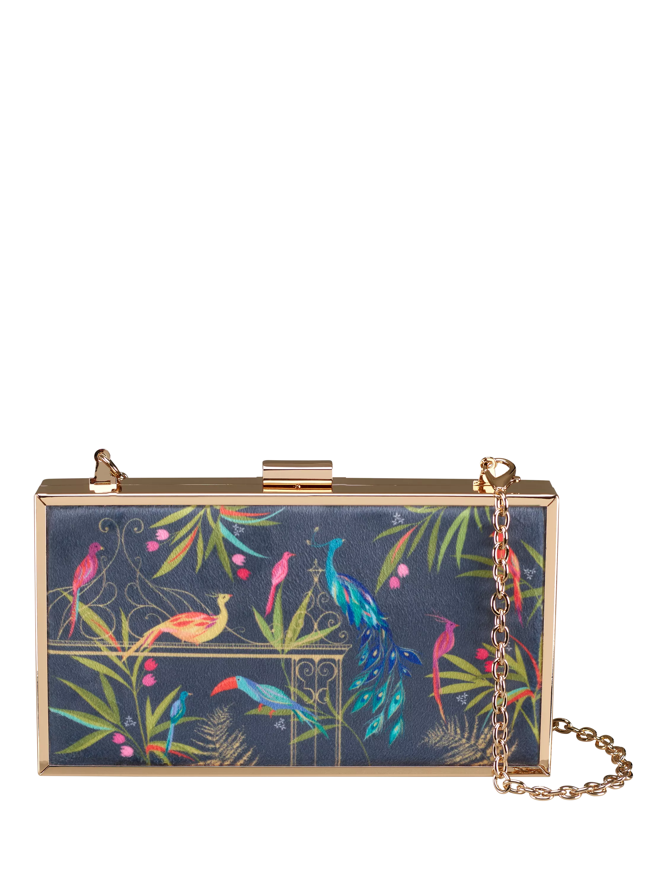 Sara Miller Enchanted Gate velvet clutch bag navy multi, imported from the UK