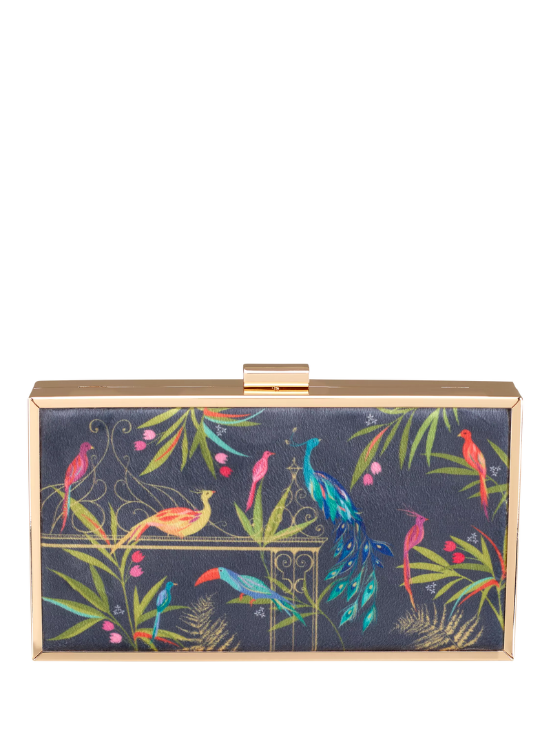 Sara Miller Enchanted Gate velvet clutch bag navy multi, imported from the UK