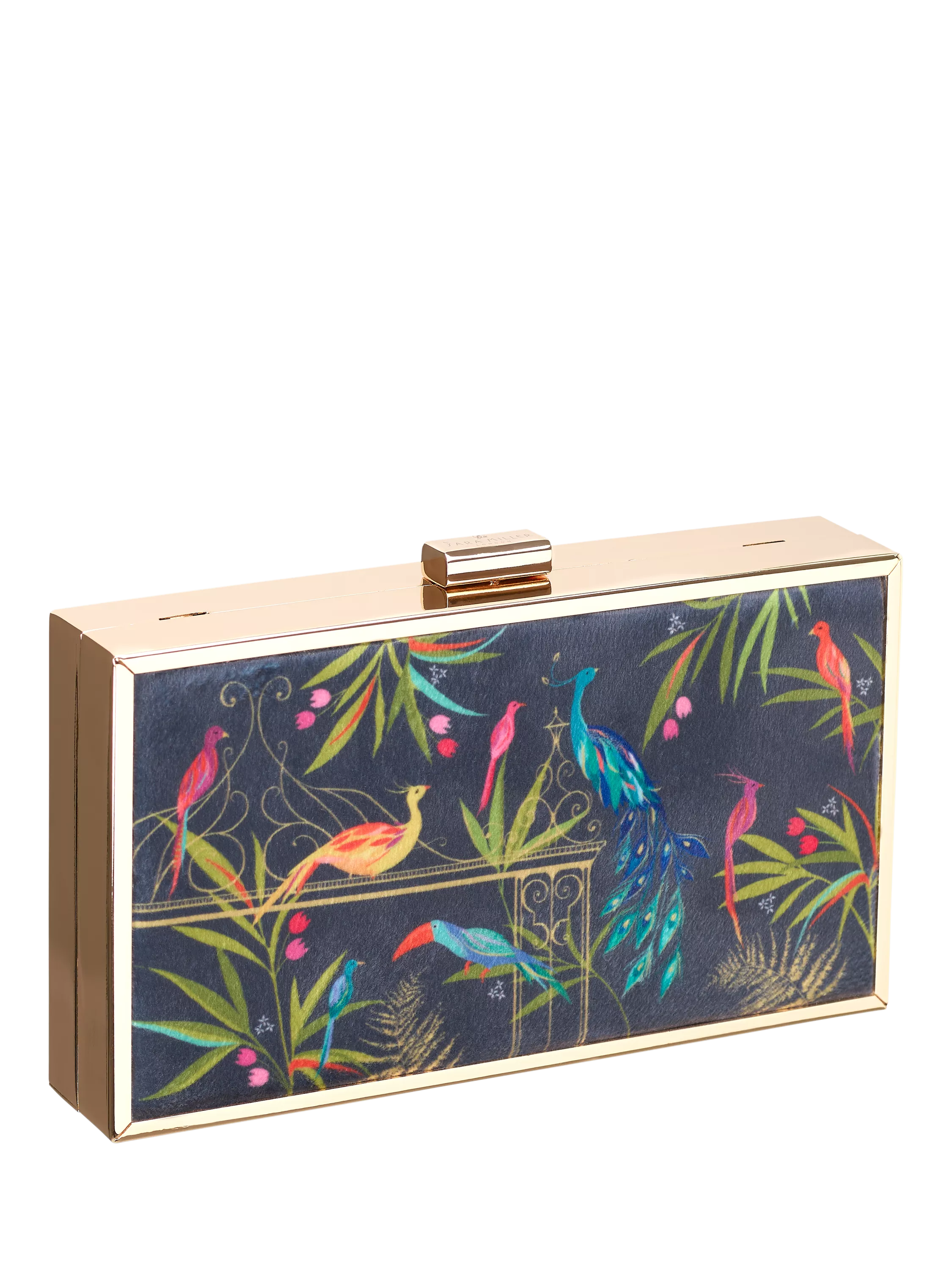 Sara Miller Enchanted Gate velvet clutch bag navy multi, imported from the UK