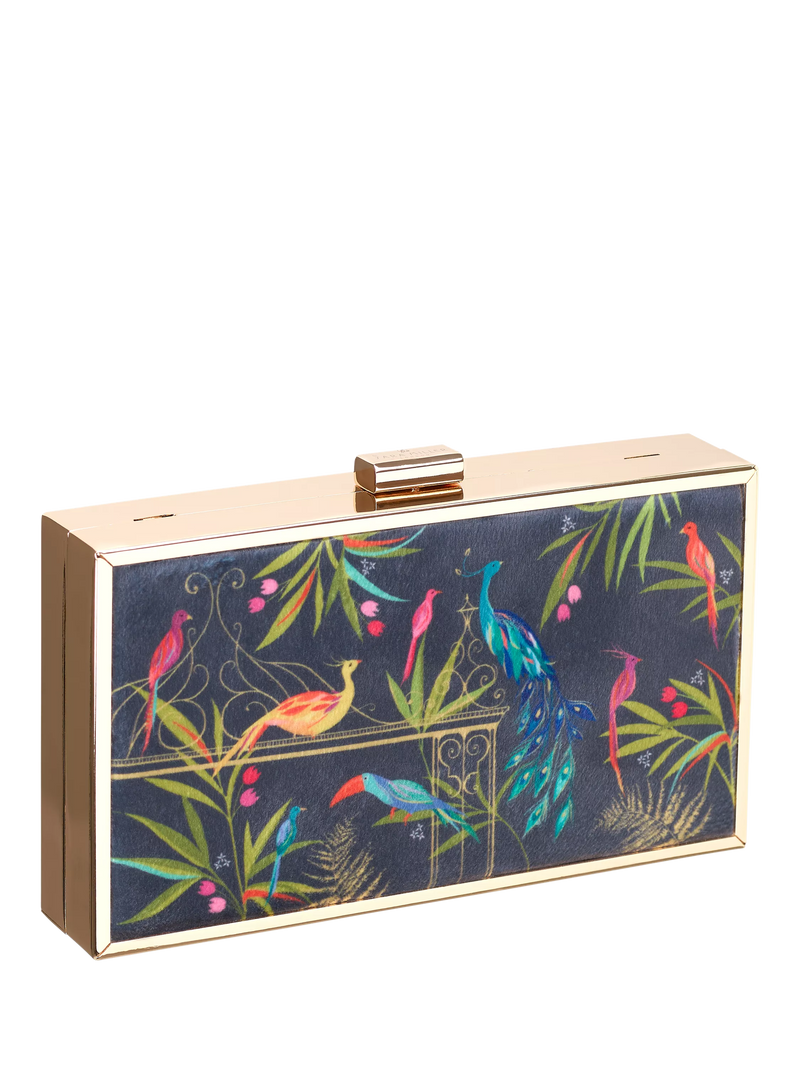 Sara Miller Enchanted Gate velvet clutch bag navy multi, imported from the UK