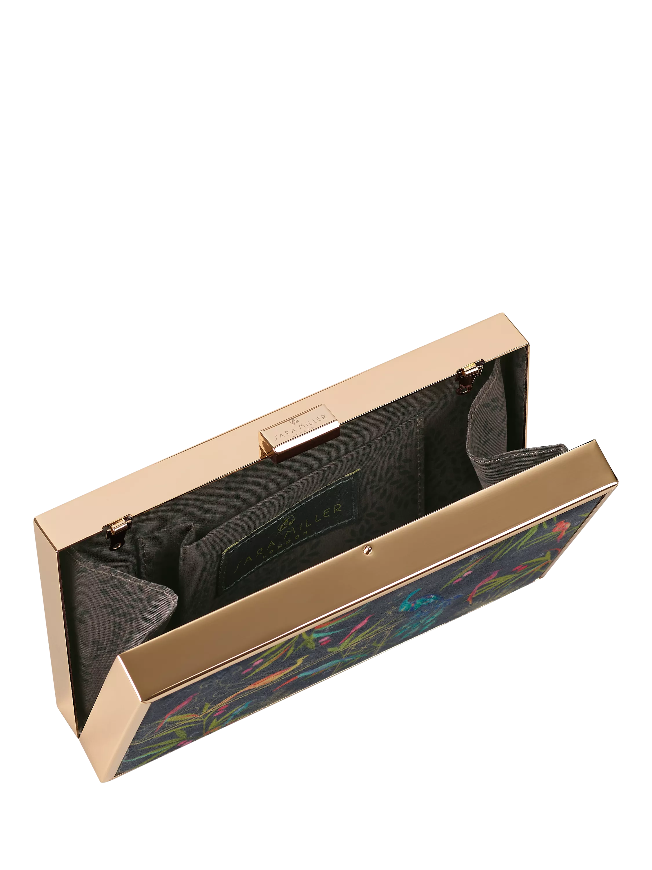 Sara Miller Enchanted Gate velvet clutch bag navy multi, imported from the UK