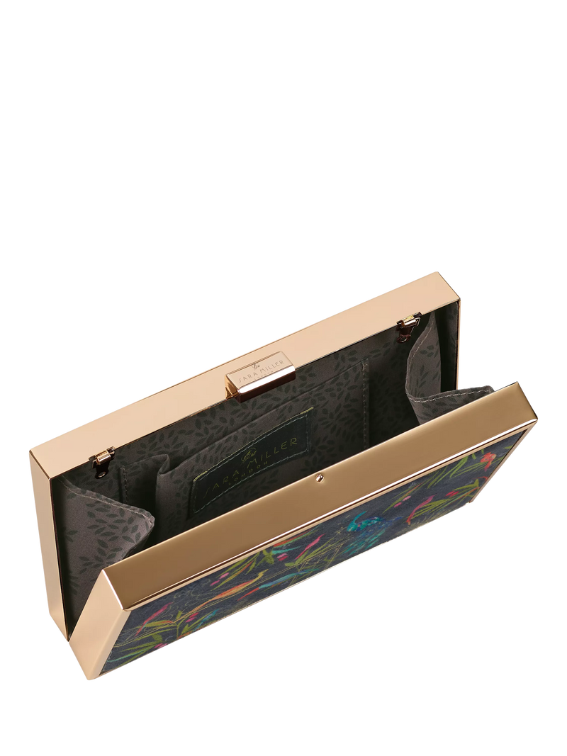 Sara Miller Enchanted Gate velvet clutch bag navy multi, imported from the UK