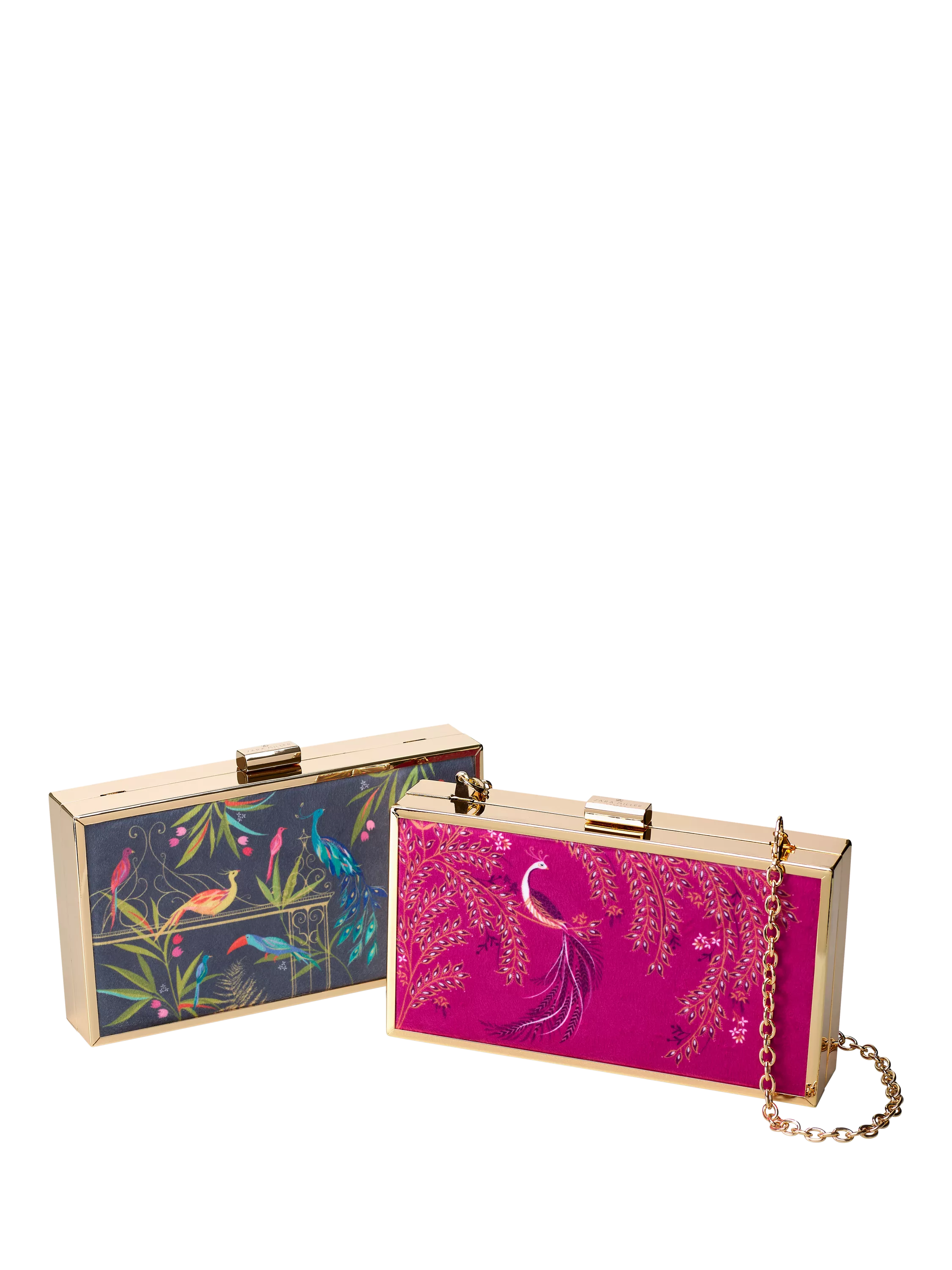 Sara Miller Enchanted Gate velvet clutch bag navy multi, imported from the UK