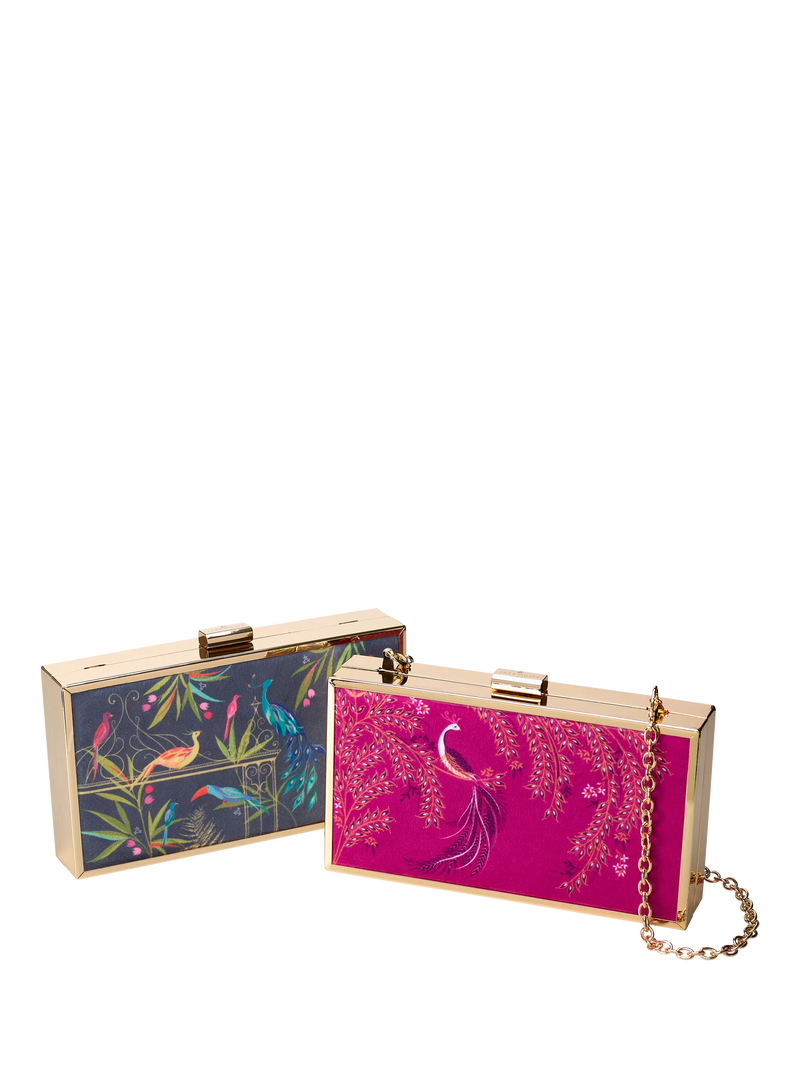 Sara Miller Enchanted Gate velvet clutch bag navy multi, imported from the UK