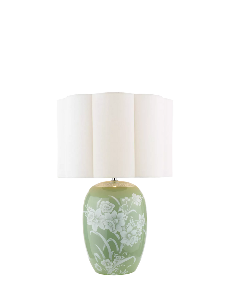 Laura Ashley Pashley green ceramic table lamp with linen shade, imported from the UK