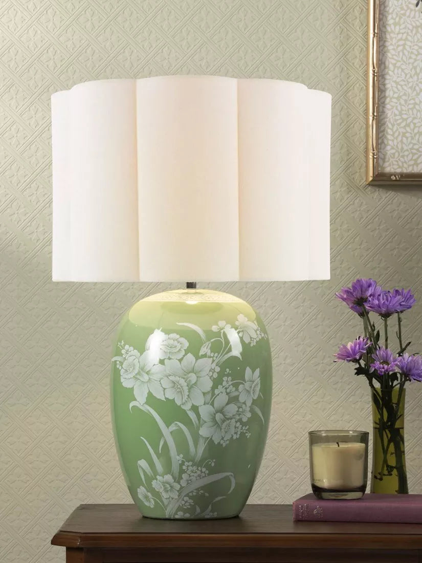 Laura Ashley Pashley green ceramic table lamp with linen shade, imported from the UK