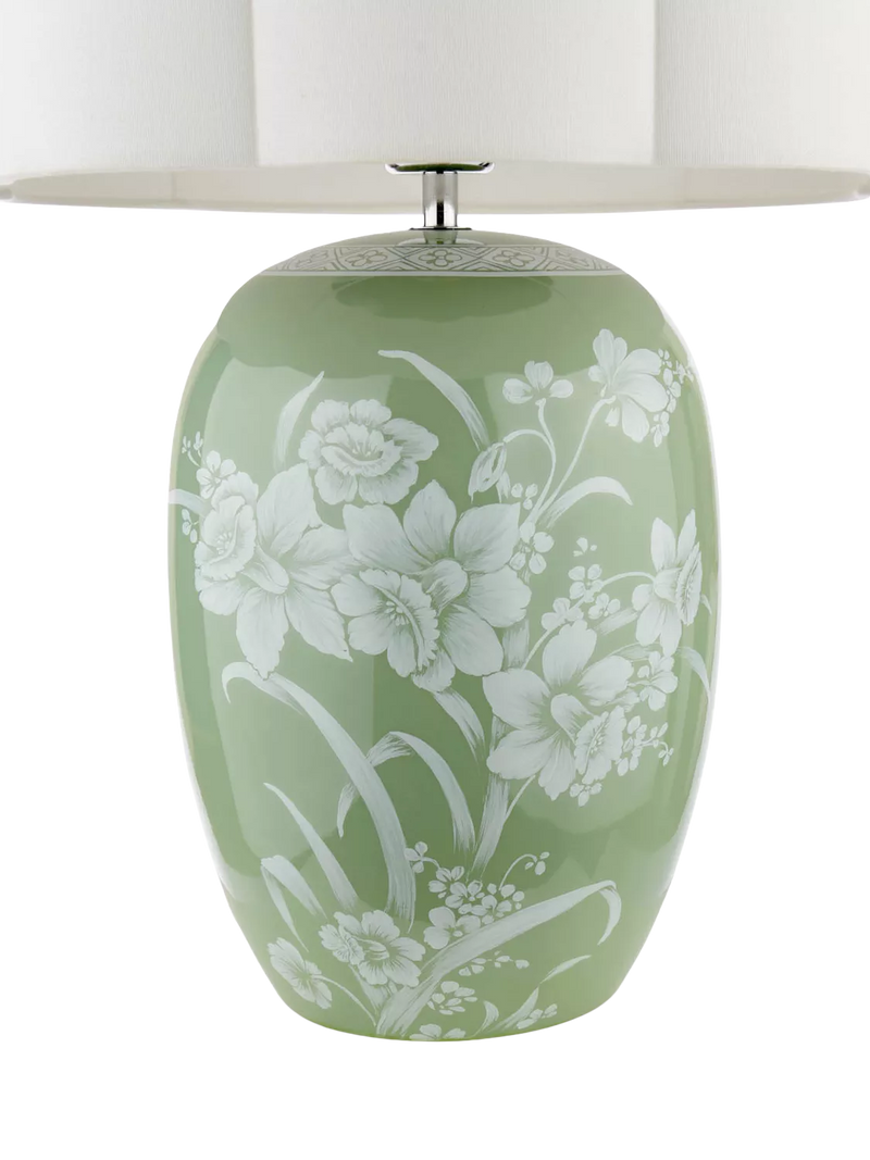 Laura Ashley Pashley green ceramic table lamp with linen shade, imported from the UK