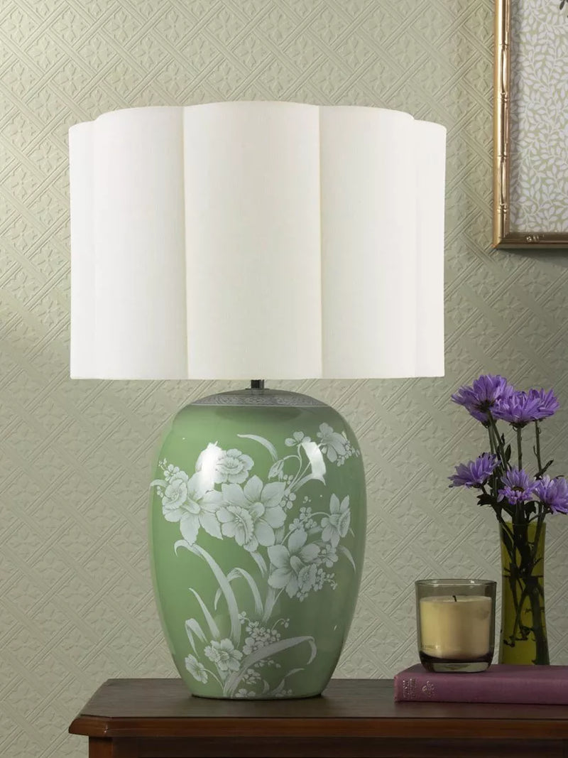 Laura Ashley Pashley green ceramic table lamp with linen shade, imported from the UK