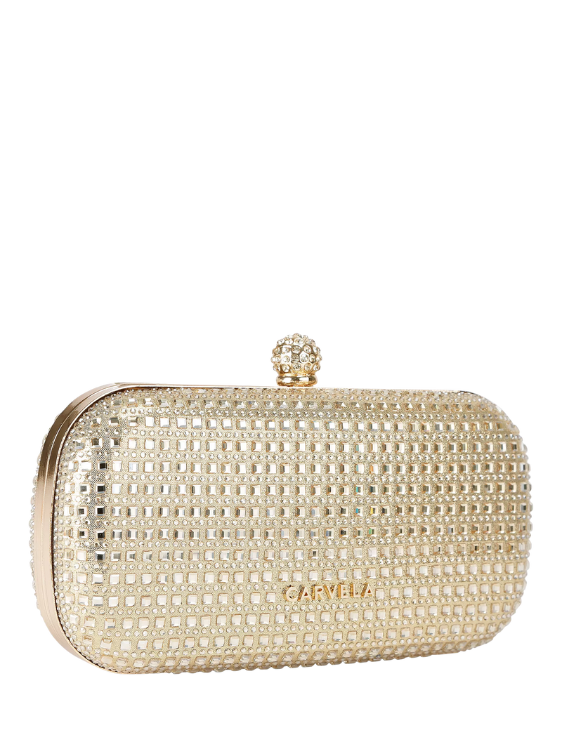 Carvela Cecilia hard clutch bag in gold, imported from the UK