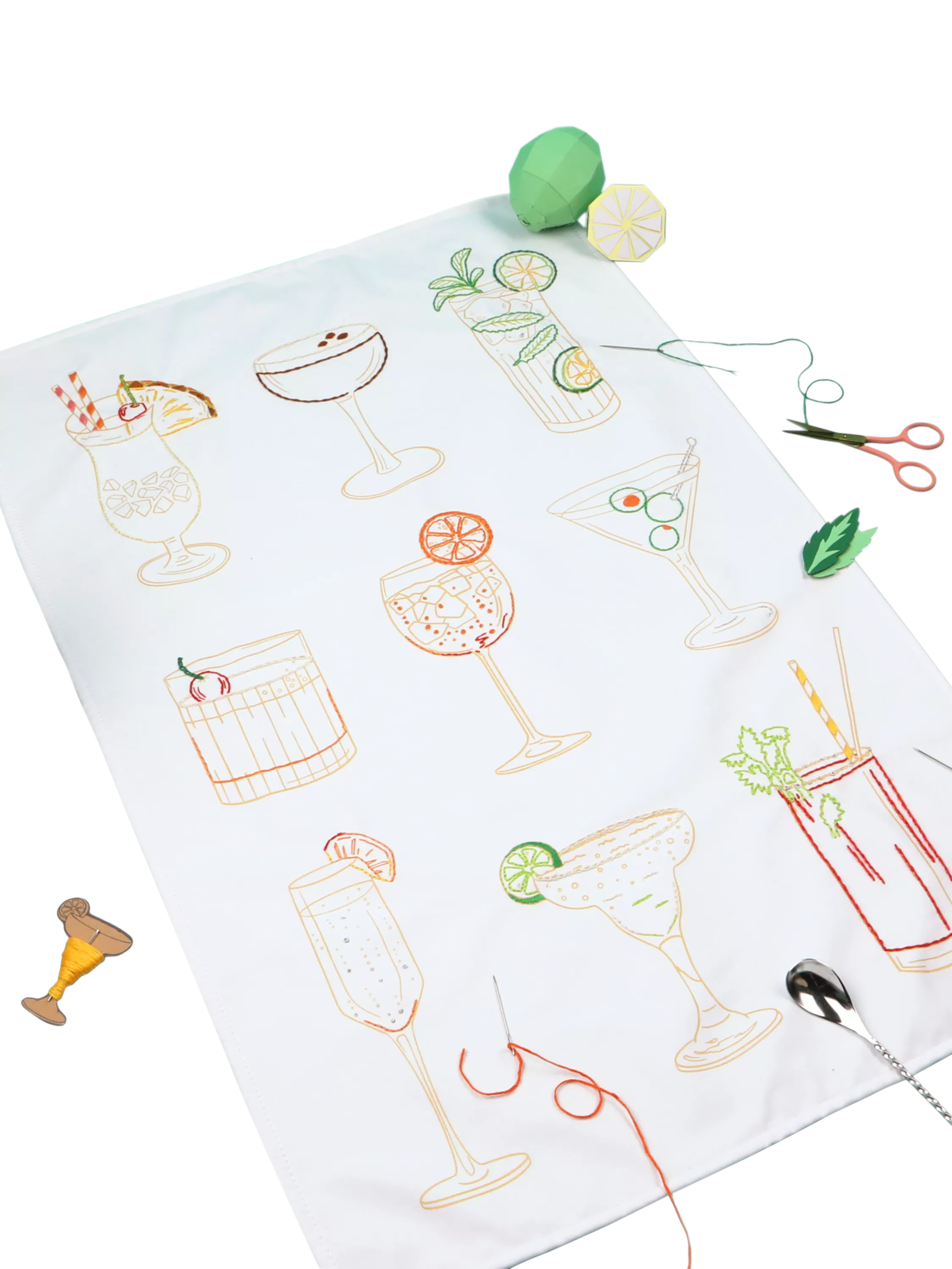 Chasing Threads cocktails teatowel embroidery kit, imported from the UK