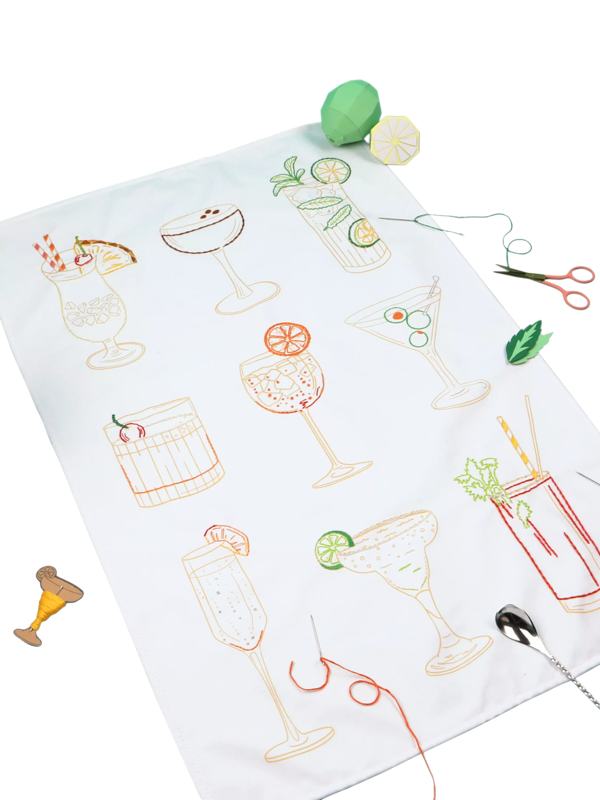 Chasing Threads cocktails teatowel embroidery kit, imported from the UK