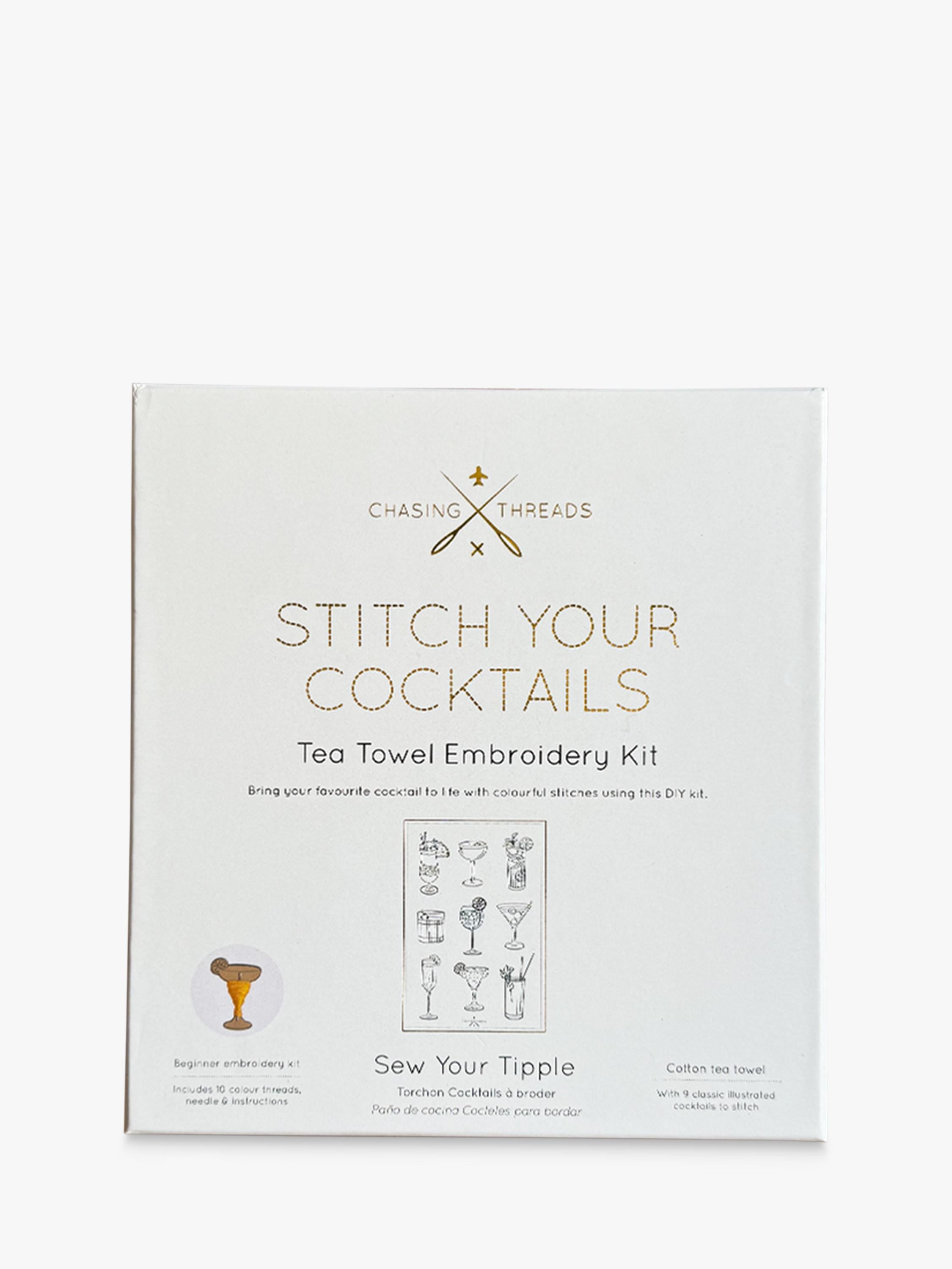 Chasing Threads cocktails teatowel embroidery kit, imported from the UK