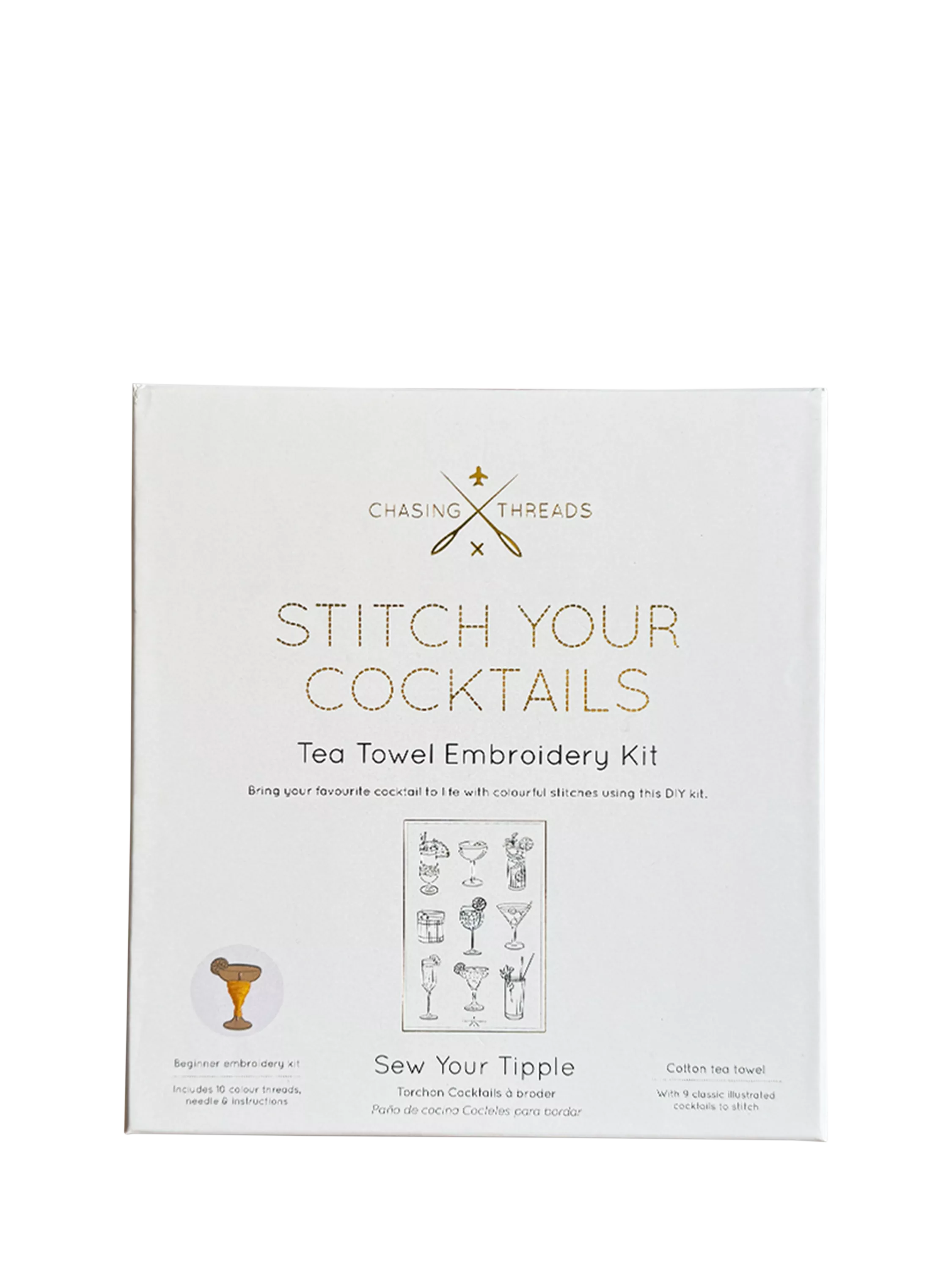 Chasing Threads cocktails teatowel embroidery kit, imported from the UK