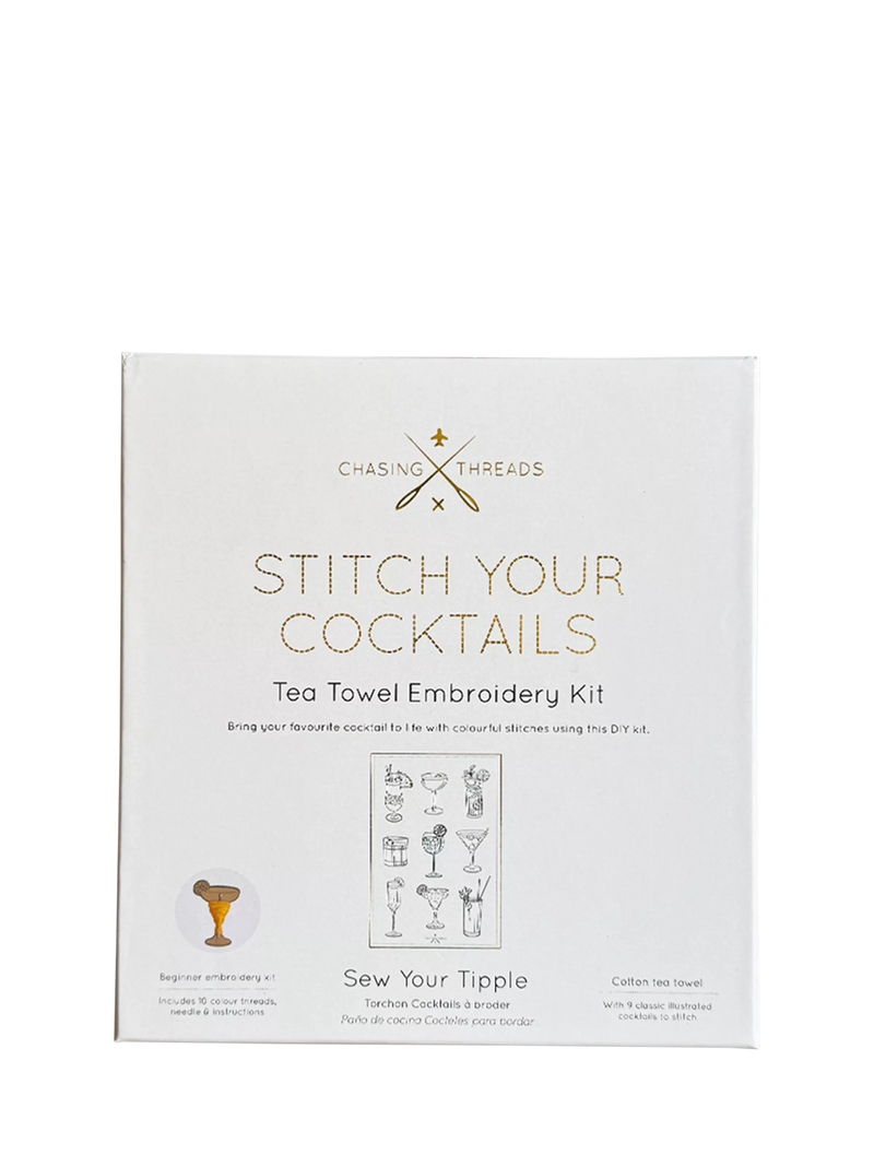 Chasing Threads cocktails teatowel embroidery kit, imported from the UK