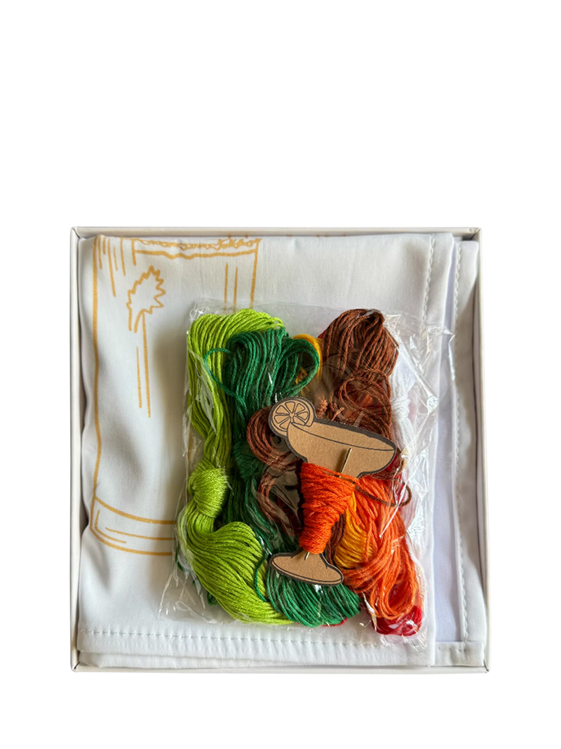 Chasing Threads cocktails teatowel embroidery kit, imported from the UK