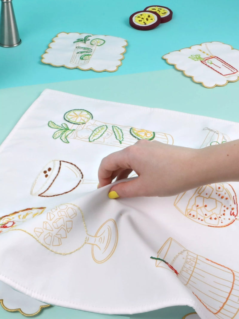 Chasing Threads cocktails teatowel embroidery kit, imported from the UK